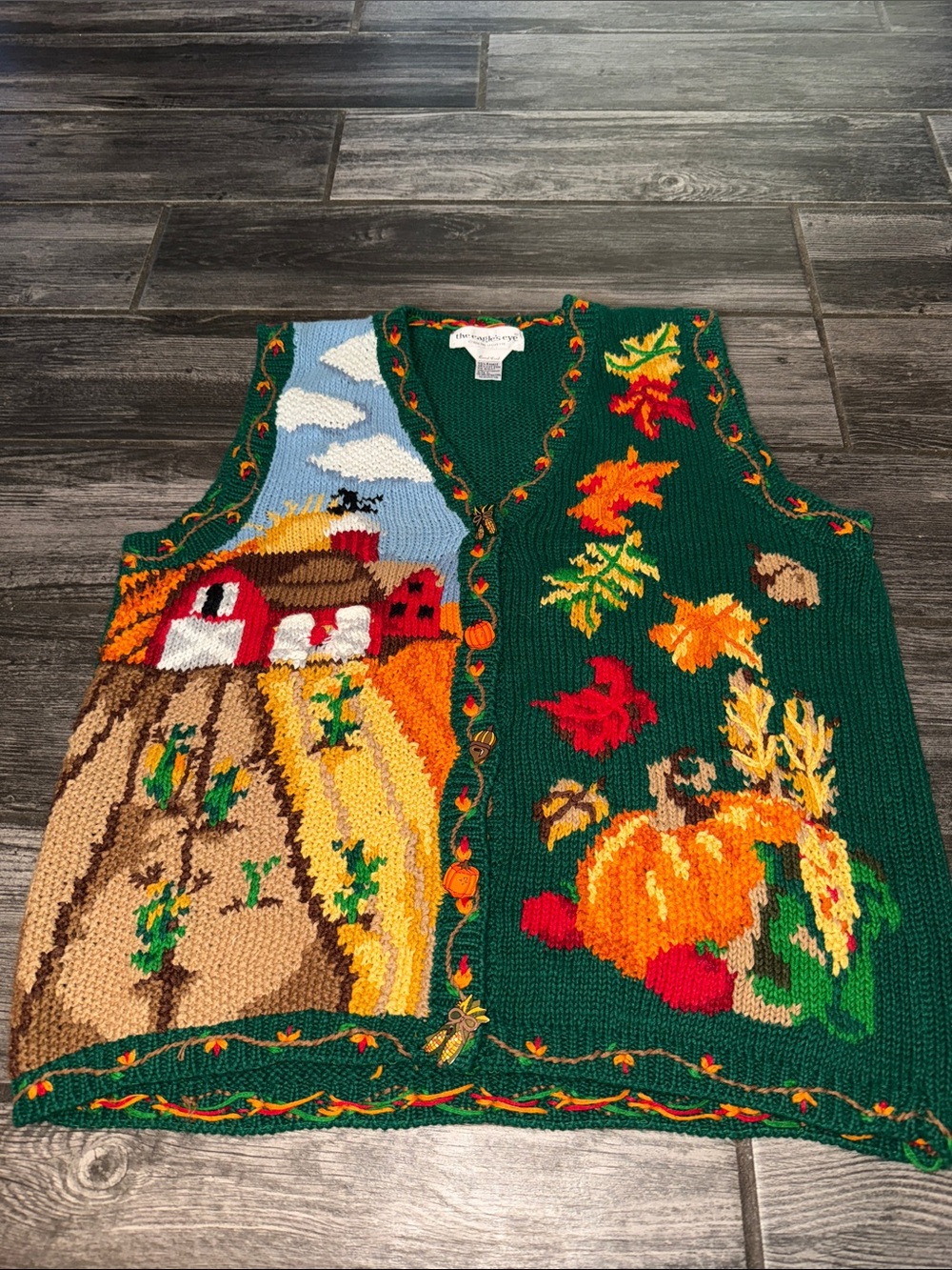 Hand-Knit Green Autumn Farm Scene Sweater Vest